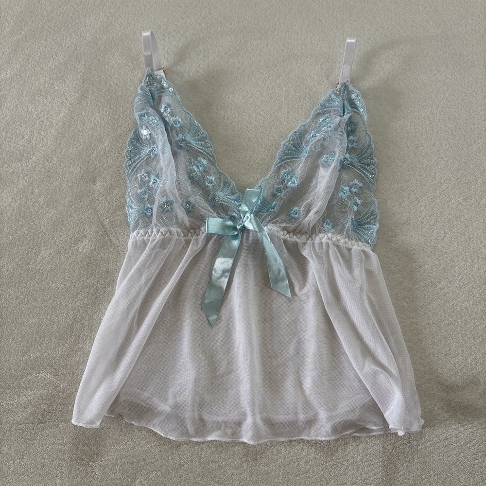 Junior's Medium White and Blue Floral Rhinestone Babydoll Lingerie Crop Top